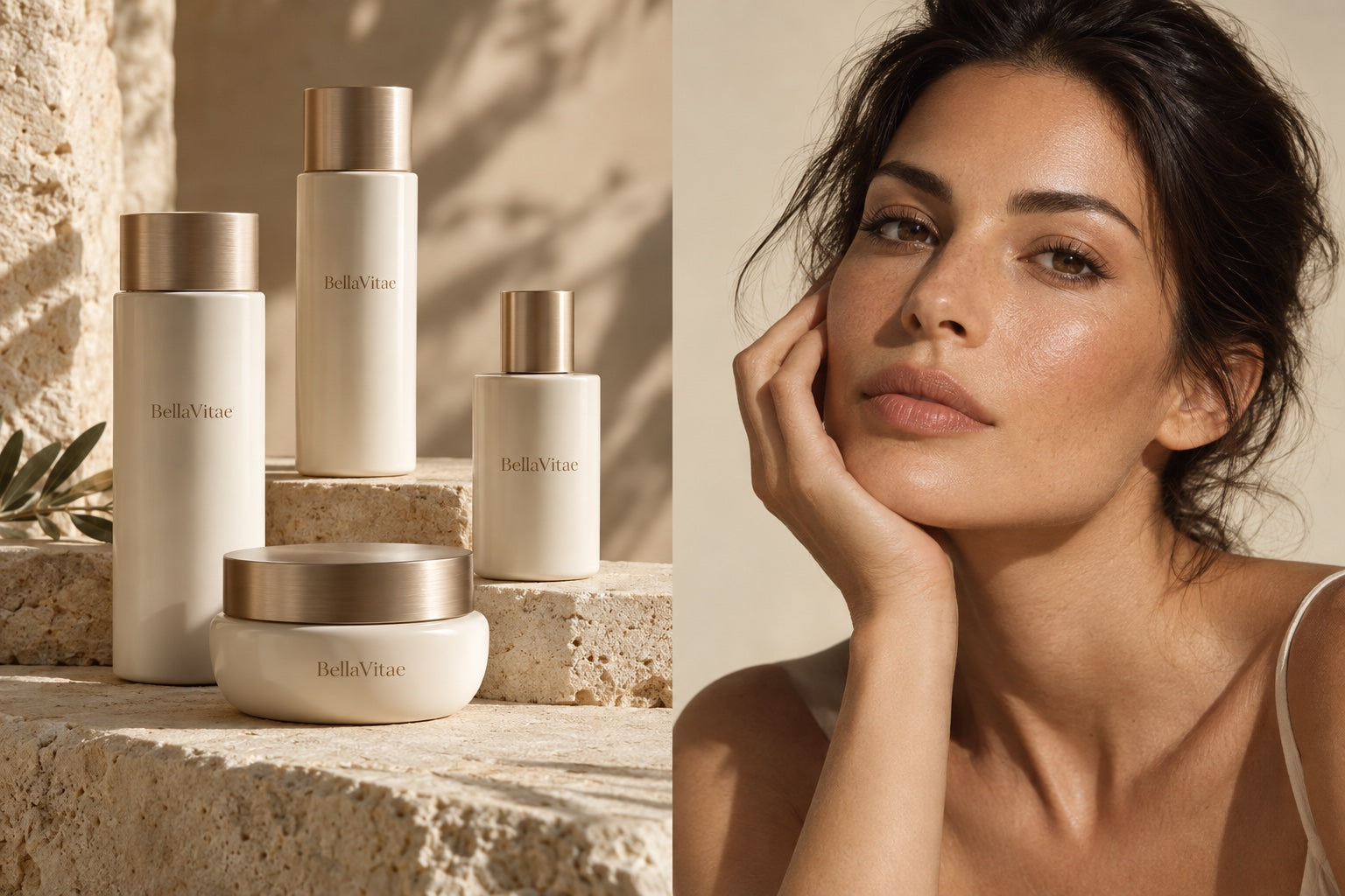 BellaVitae concept campaign: ivory beauty essentials and an editorial portrait