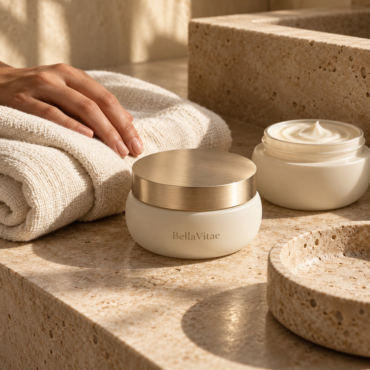 BellaVitae concept still life: ivory skincare jars, soft linen and warm stone