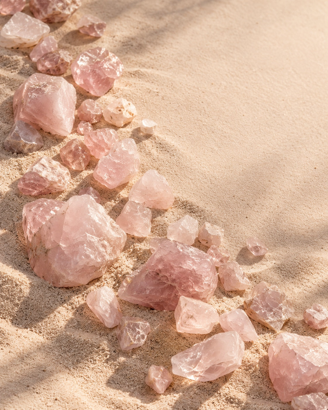 Natural rose-quartz stones scattered across warm blush-beige sand